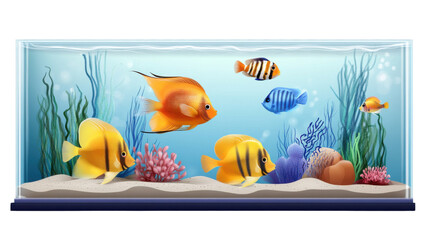 Aquarium with fish in it, cartoon illustration on transparent background.