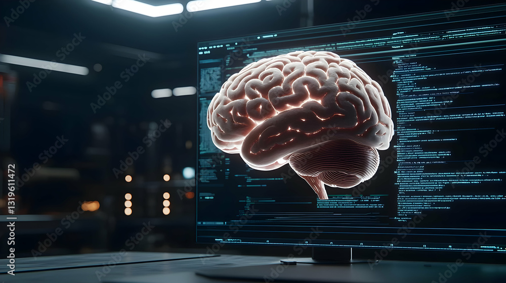 Poster 3d rendered human brain hologram displayed on futuristic transparent screen with blue data stream in