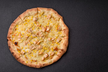 Hawaiian pizza with chicken, pineapple, corn and cheese