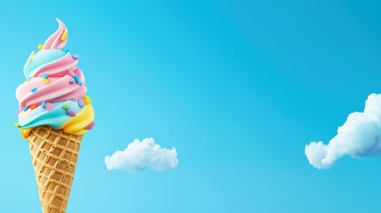 Colorful Ice Cream Scoops in Waffle Cone Against Blue Sky with Fluffy Clouds