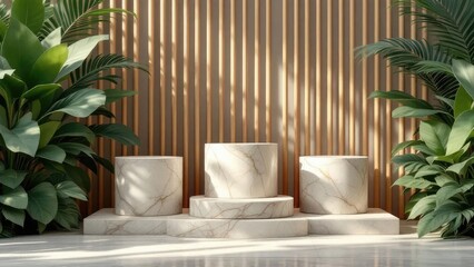 Minimal Luxurious stone marble three pedestal basks in foliage gobo sunlight Wooden rod backdrop adds depth and elegance Ideal for premium product showcases and sophisticated designs