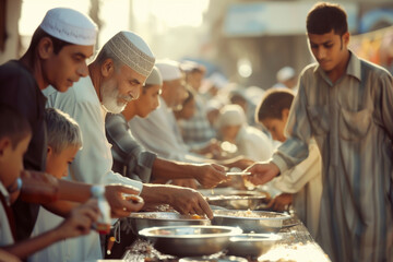 An Arab men arranging plates of traditional Ramadan food to share with the poor, charity.
