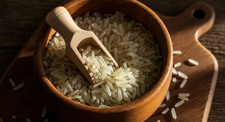 Scooping Rice from Wooden Bowl on Cutting Board Still Life