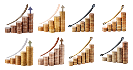 Various Graphs Depicting Growth Trends in Financial Assets, Bundle Set Collection, Isolated on Transparent Background