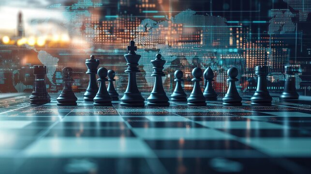 Chess pieces on board, global data overlay, strategic planning, business concept, stock photo