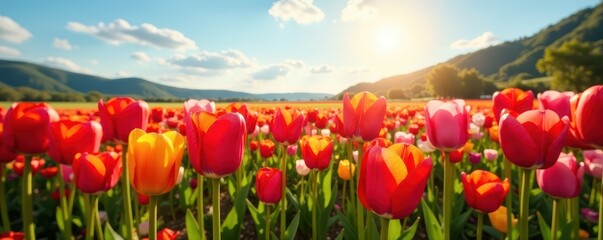 Obraz premium Sunlit panoramic view of vibrant tulip field in spring bloom , floral, colorful