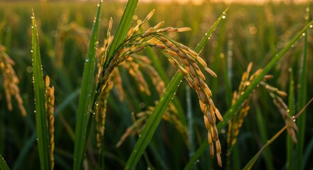 Rice Paddy Field at Sunrise with Dew Drops on Leaves