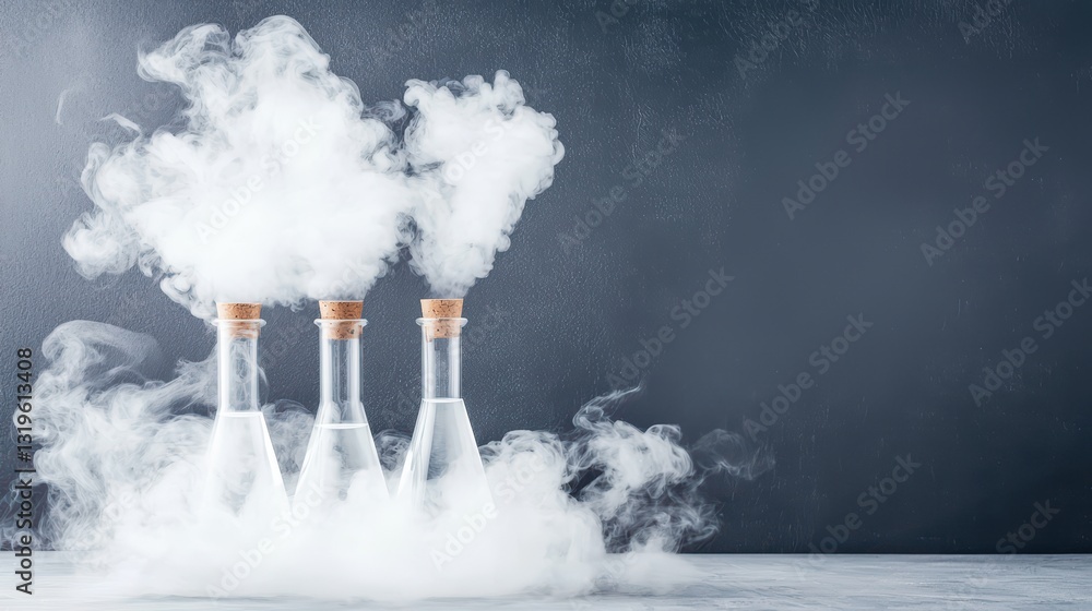 Poster experimental setup with smoke rising from laboratory flasks against a dark background