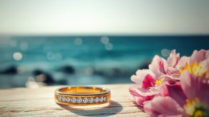 Engagement ring close-up beachside jewelry photography serene ocean view romantic concept