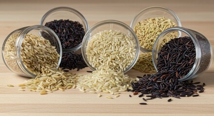 Fototapeta premium Different Types of Rice Displayed in Small Glass Bowls on Table
