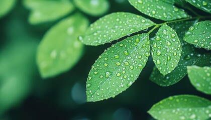 Fototapeta premium Lush Green Leaves with Water Droplets Close Up
