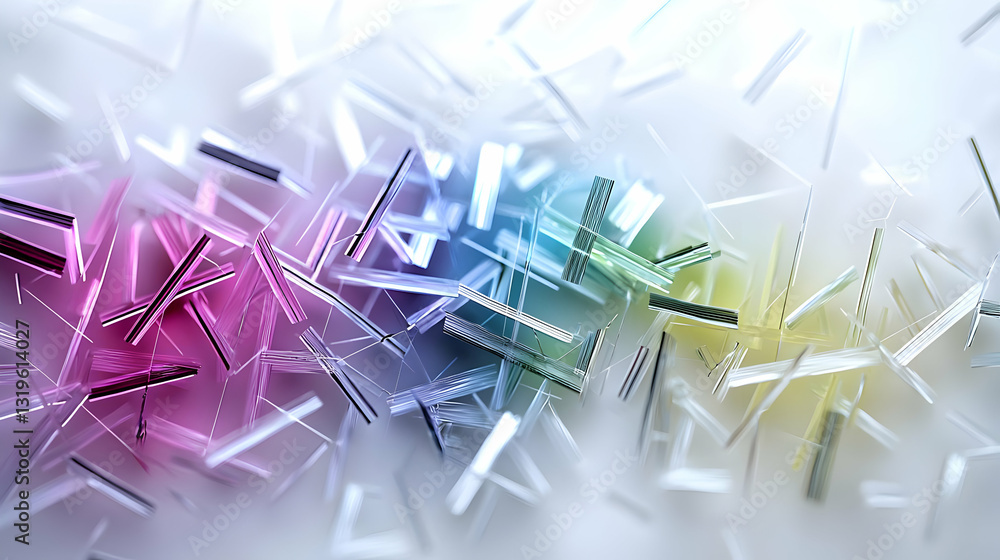 Poster abstract composition of colorful translucent geometric shapes on white background with dynamic light