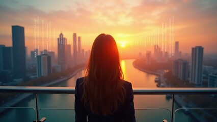 Businesswoman on a glass bridge viewing digital data over sunrise cityscape