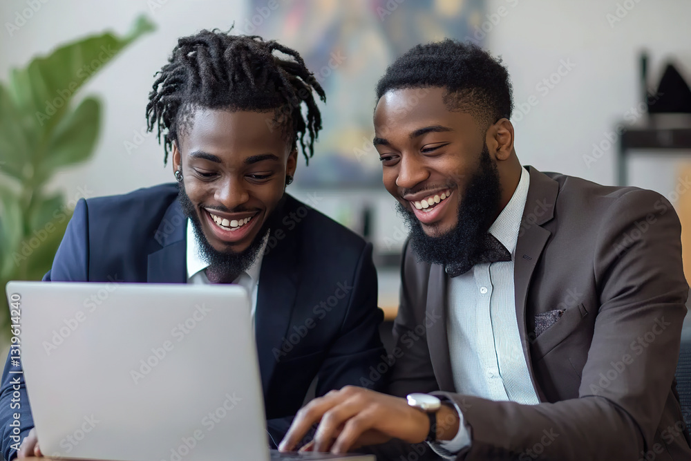 Poster man employee using laptop in a modern office environment while collaborating with a colleague