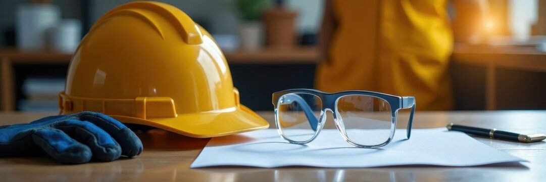 Hard hat, safety glasses, work gloves on table, industry, protection