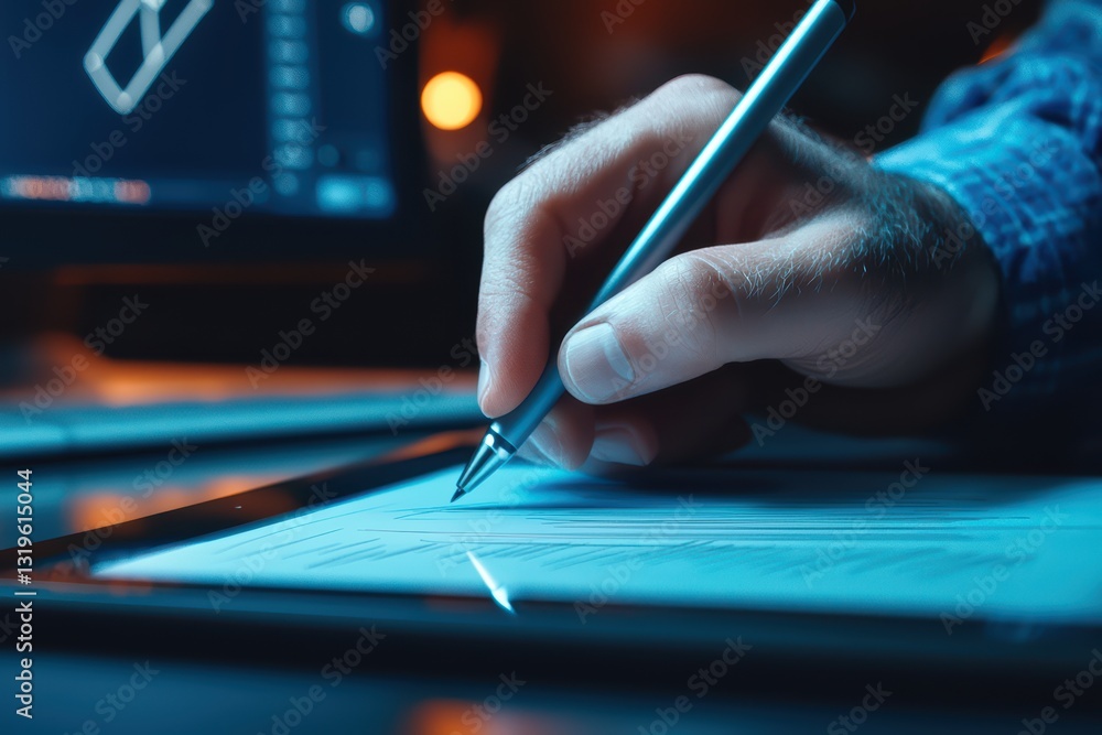 Poster graphic designer creating digital art with stylus pen on tablet in dimly lit workspace