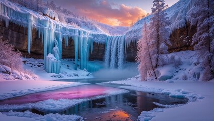 Winter Waterfall in the Mountains and Forest at Sunset