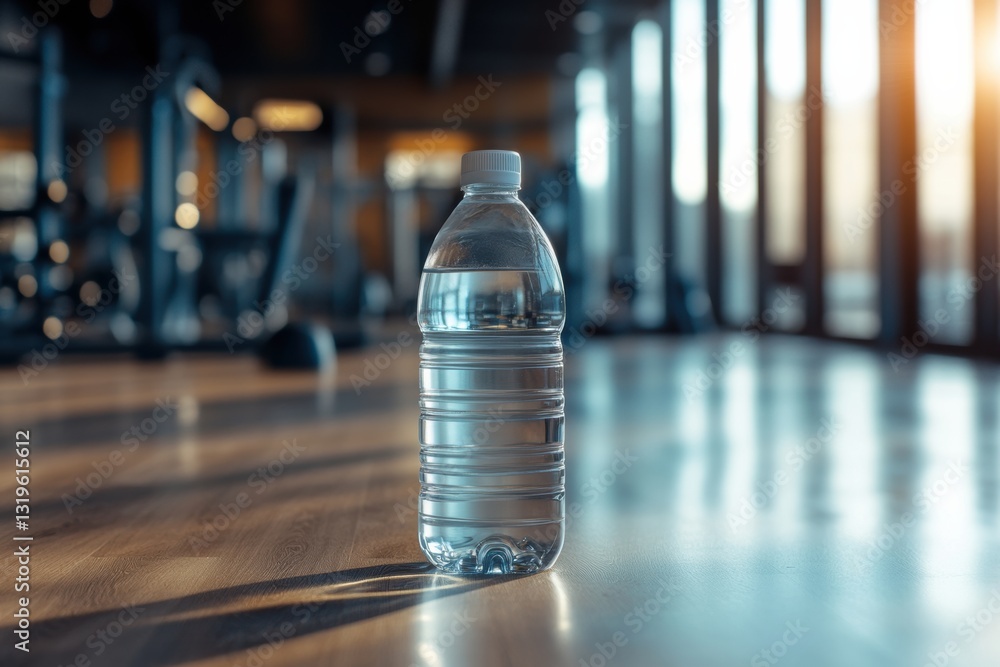 Poster Minimalist water bottle in a modern gym setting with blurred background and ample space for motivational text or branding