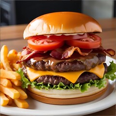 A thick, beef patty topped with melted cheddar, crispy bacon, fresh lettuce, tomato slices