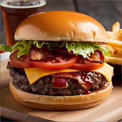 Thick Grilled Beef Patty Burger with Lettuce, Tomato, and Cheese