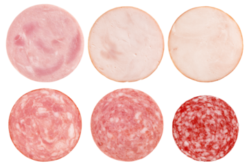 Ham, Salami, smoked Sausage slices, isolated on white background, full depth of field