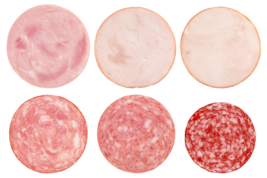 Ham, Salami, smoked Sausage slices, isolated on white background, full depth of field