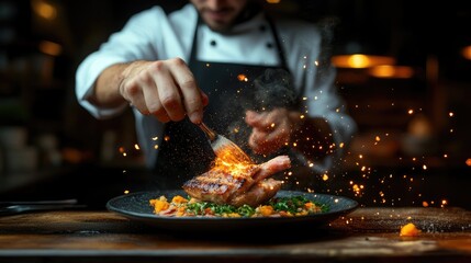 Obraz premium Chef Adding Finishing Touch to Gourmet Dish with Sizzling Flames and Flavors