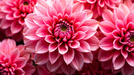 close up view of a cluster of vibrant pink dahlia flowers the flowers are in full bloom.