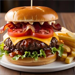 Thick Grilled Beef Patty Burger with Lettuce, Tomato, and Cheese