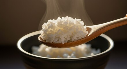 Steaming Rice on Wooden Spoon over Bowl Close Up Asian Cuisine