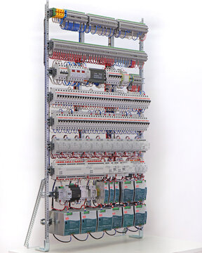 Electrical switchboard in the showroom. ABB safety automata, Led lighting control on Zennio Lumento - 8 pcs.,Jung relay modules, Mean Well SDR. Upun terminals.