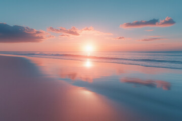 Fototapeta premium Stunning coastal landscape at sunset or sunrise with bright reflections in the sea and beautiful clouds, beautiful sky, seascape, composite background, desktop wallpaper