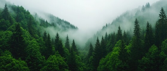 Fototapeta premium Misty Forest Valley: Serene Landscape of Lush Green Evergreen Trees in Early Morning Fog