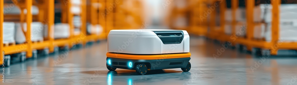 Poster large warehouse interior with advanced autonomous robots in action