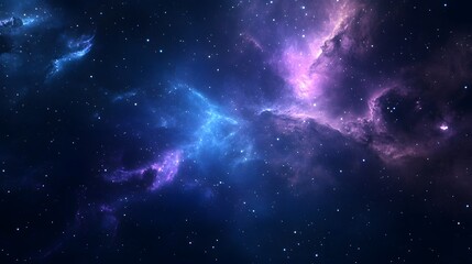 A captivating cosmic vista unfolds with nebulous clouds painted in hues of violet and blue, dotted with stars.