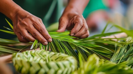Expert Hands Weaving Palm Fronds: Tropical Festive Craftsmanship. A detailed close-up showcasing the intricate skill and artistry of creating         