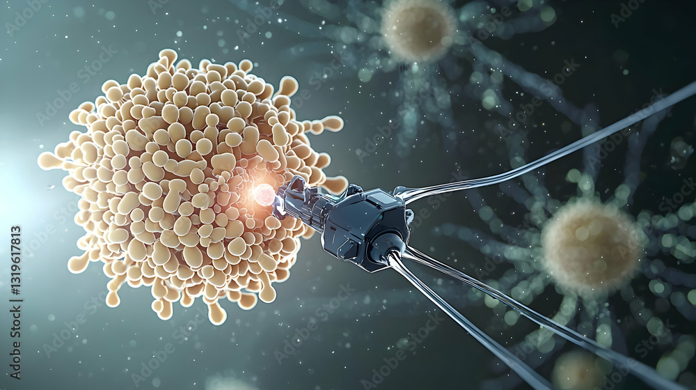 Aufkleber a microscopic view of a nanorobot interacting with a pixelated cluster representing virus or cancer 