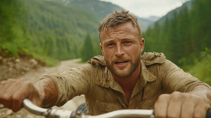 Adventurous Man Cycling Through Rugged Mountain Terrain on a Dirt Path