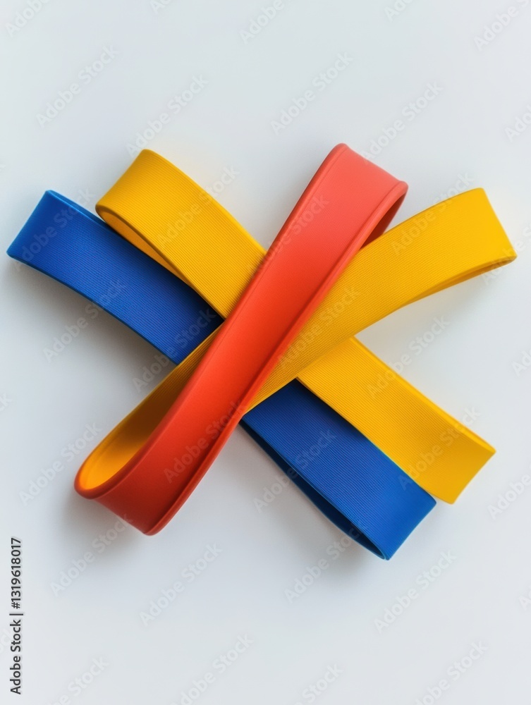 Poster colorful fitness bands intersecting in a minimalist arrangement on a white surface showcasing sharp 