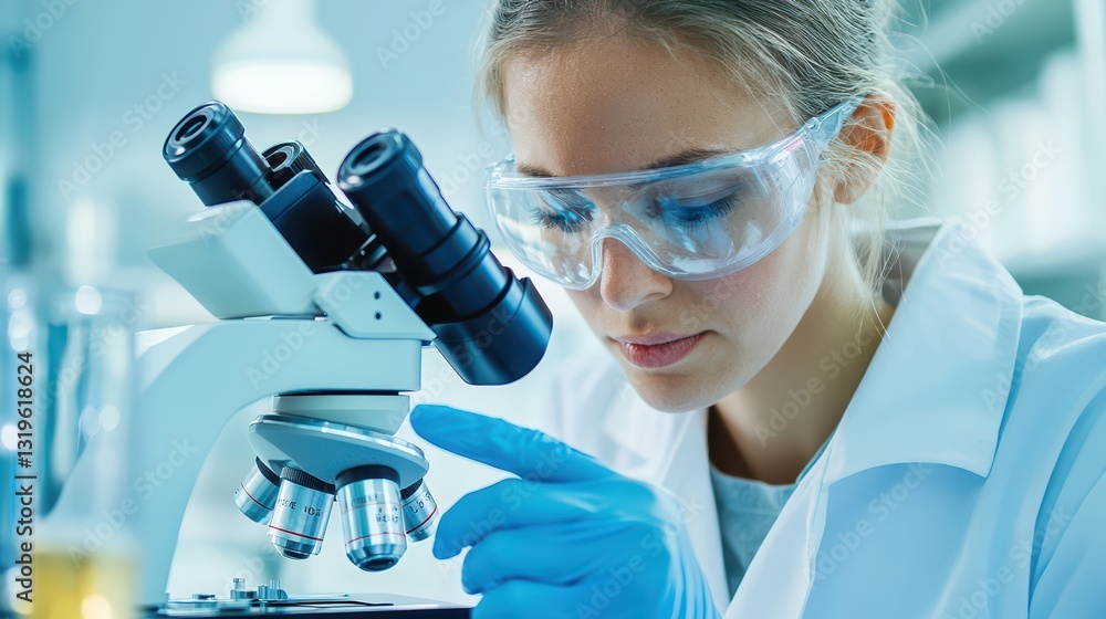 Poster researcher using microscope to observe cells in laboratory environment