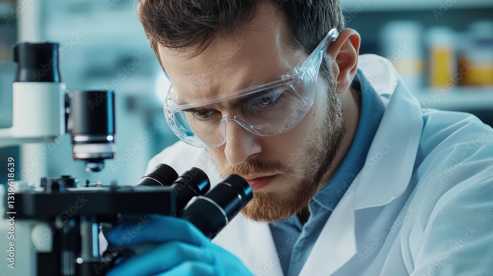 Poster researcher using microscope to observe cells in laboratory setting with focus and precision