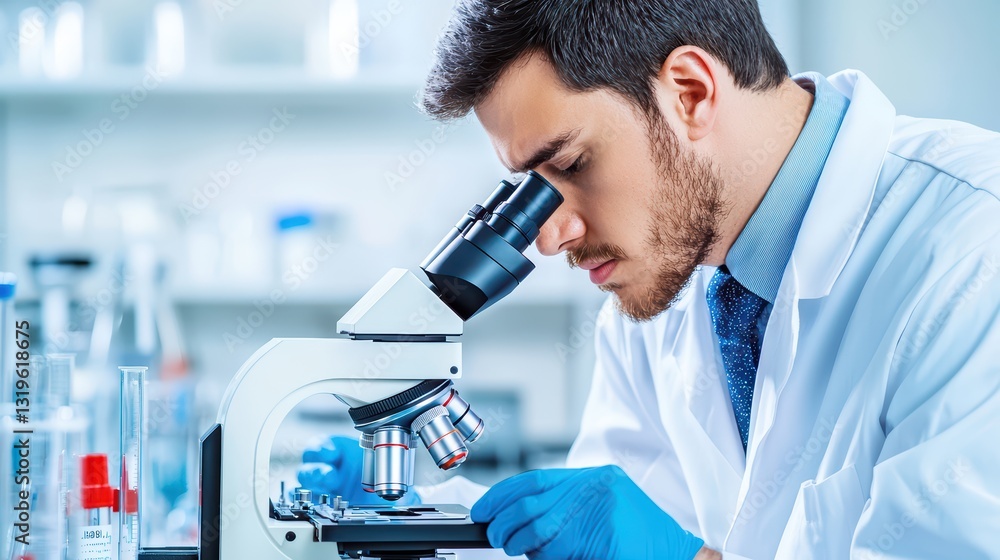 Poster researcher using microscope to observe cells in laboratory setting with scientific equipment
