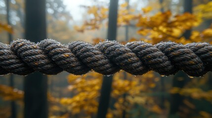Fototapeta premium Dew-covered rope bridge in autumnal forest
