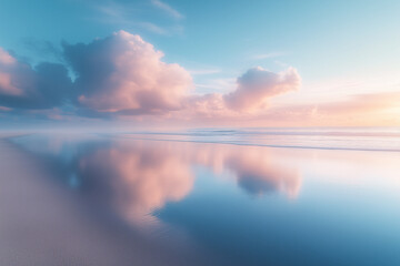 Obraz premium Stunning coastal landscape at sunset or sunrise with bright reflections in the sea and beautiful clouds, beautiful sky, seascape, composite background, desktop wallpaper