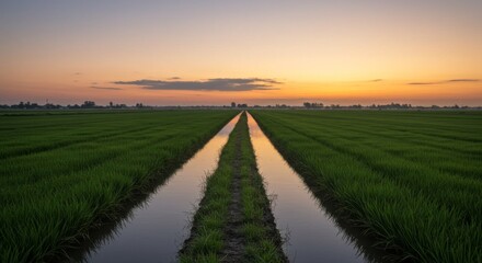 Fototapeta premium Green Rice Paddy Field with Water Canals at Colorful Sunset