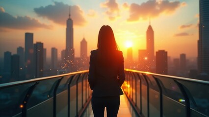 Businesswoman on a glass bridge viewing digital data over sunrise cityscape