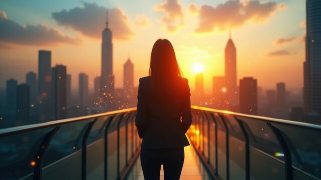 Businesswoman on a glass bridge viewing digital data over sunrise cityscape
