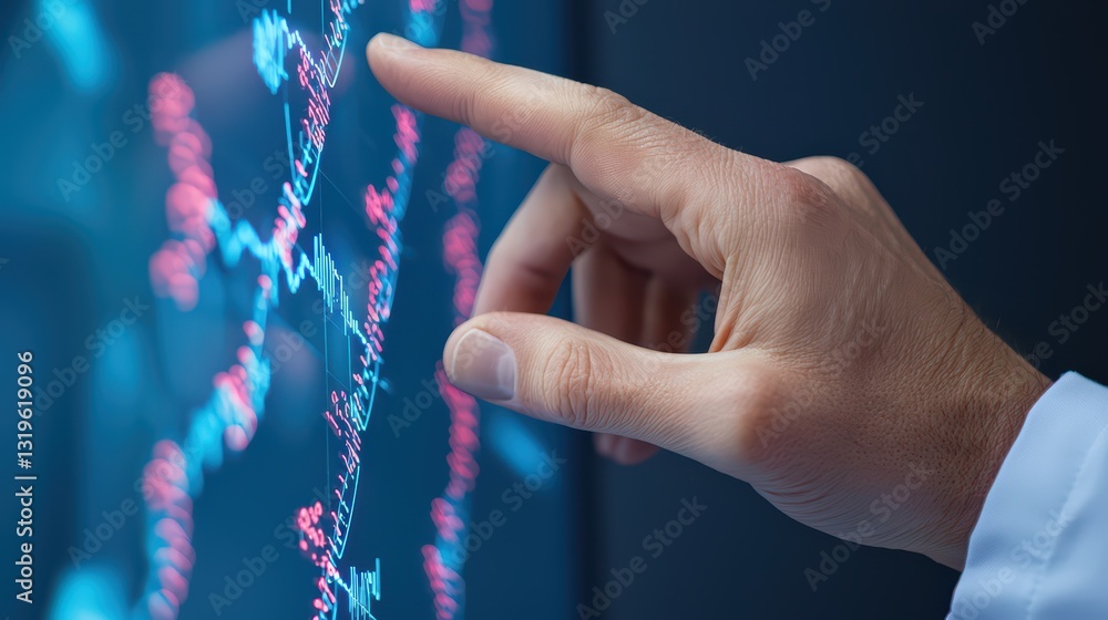 Poster scientist hand interacting with real time data on digital screen in laboratory environment