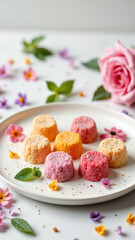 A plate with dye-free fruit-colored candies surrounded by edible flowers and sprinkles on a floral table setting.