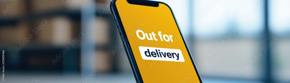 Poster smartphone displaying package tracking status with bold text for delivery notification